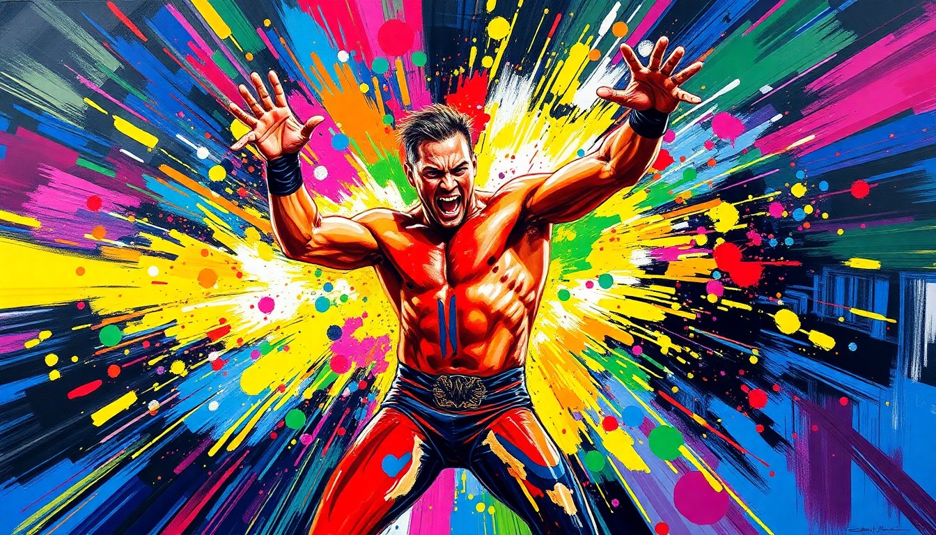 An abstract, expressionist painting in neon colors capturing the dynamic movements and energy of Danhausen's WWE debut, with his signature 'curse' and pyro blast creating a visually striking and conceptually engaging illustration.
