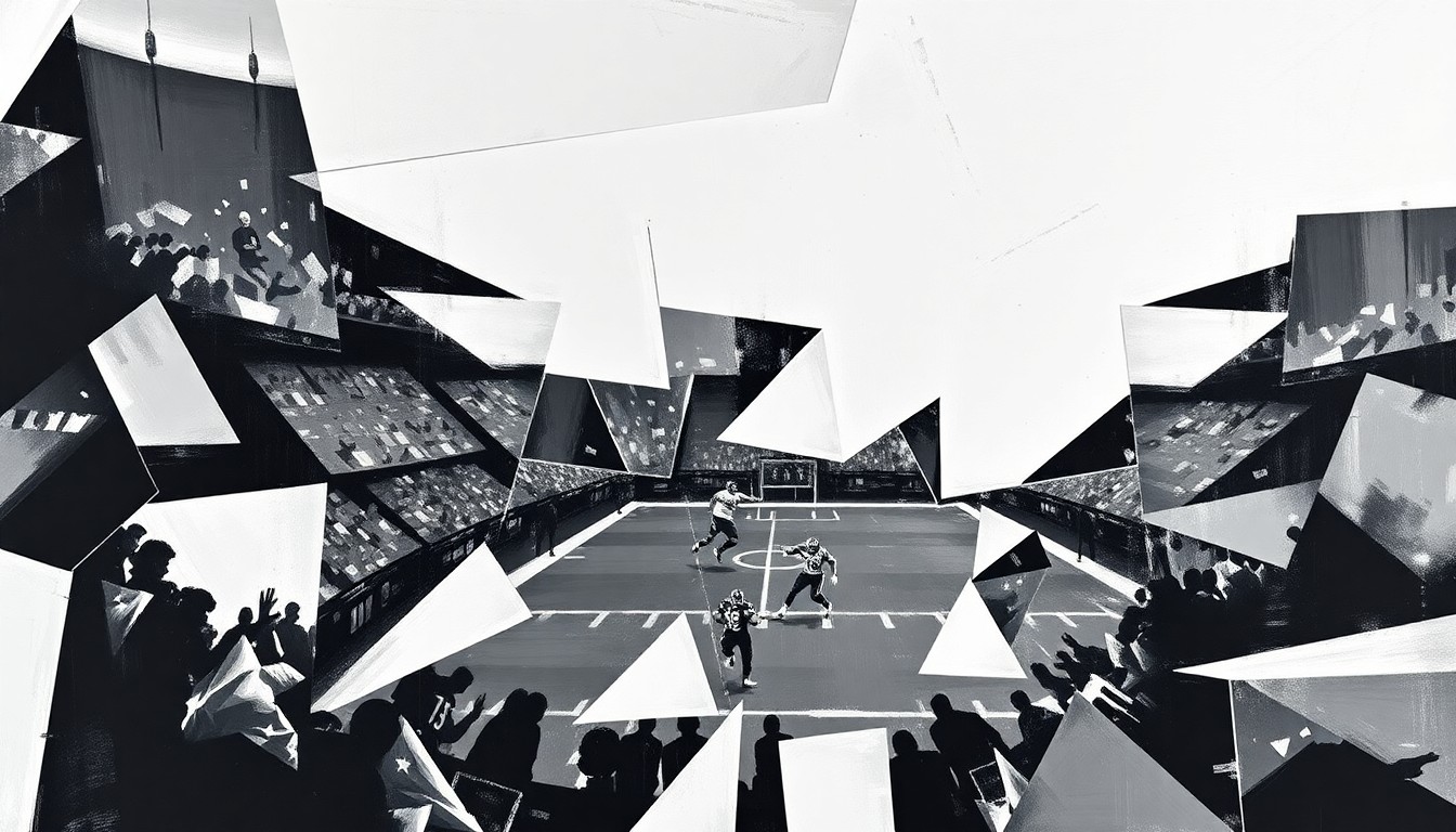 A cubist, geometric illustration depicting fragmented, overlapping shapes and planes representing various elements of a football game or match, conveying the strategic and tactical nature of the Steelers' draft plans.