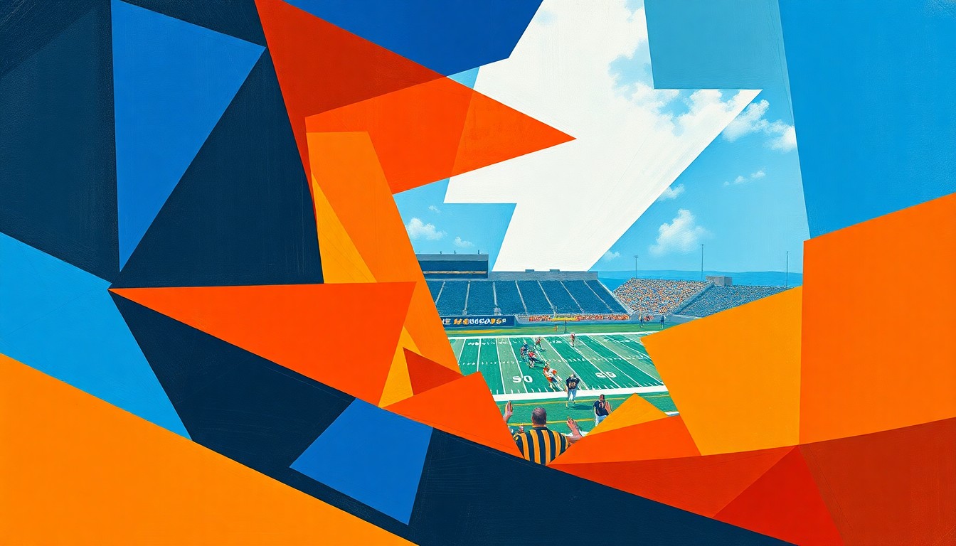 A cubist-style painting featuring overlapping geometric shapes and planes of orange and blue, conceptually representing the fragmented action and multiple perspectives of a college football game.