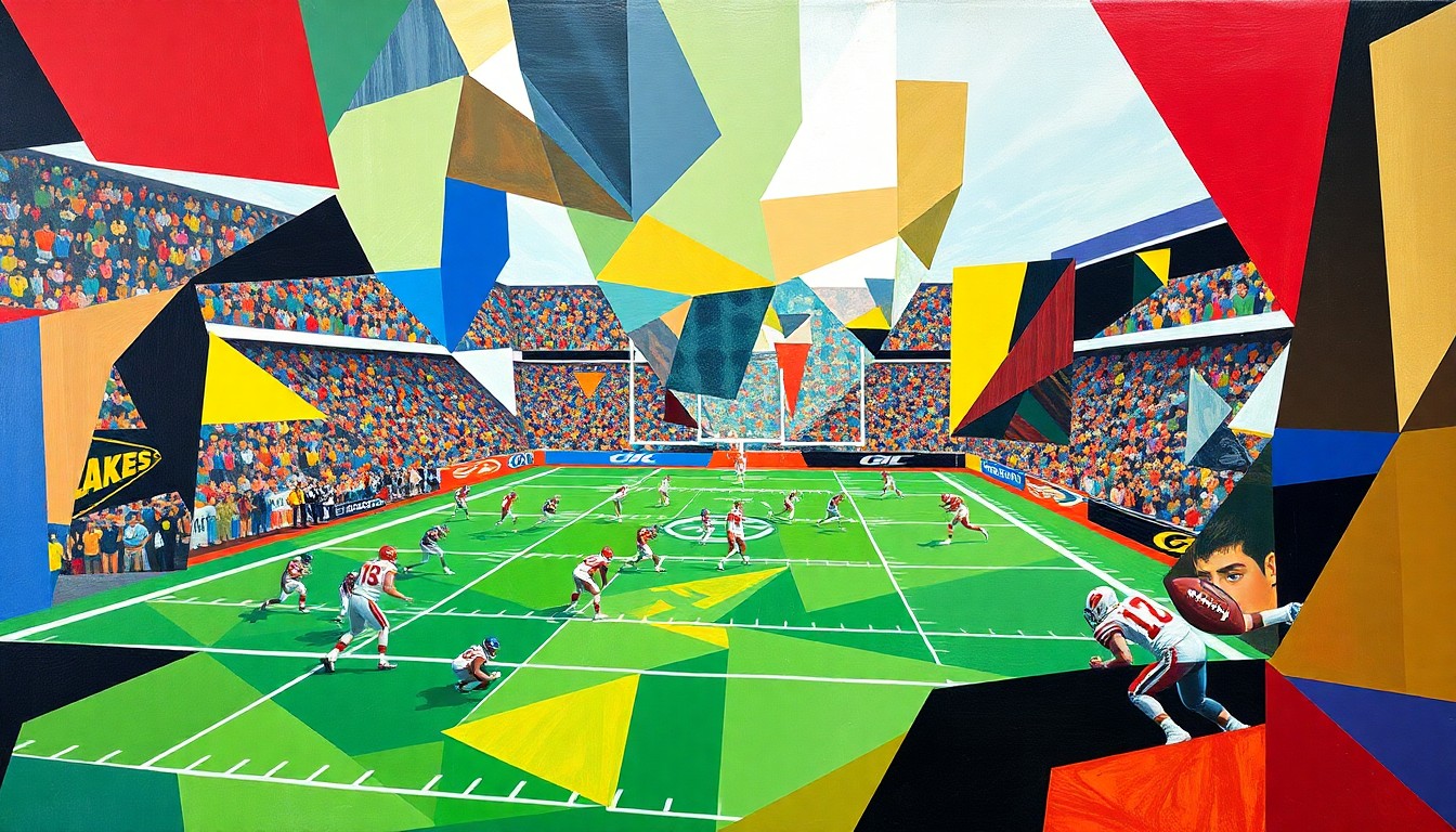 A cubist, geometric painting depicting a UFL football game in progress, with players and the field broken down into abstract shapes and planes of color, capturing the intensity and energy of the game.