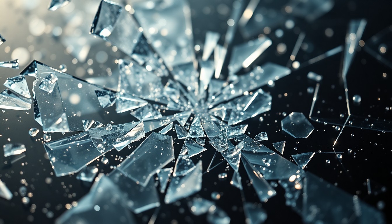 An abstract close-up image of shattered glass and glittering shards, capturing the fragile and complex nature of a relationship in crisis.