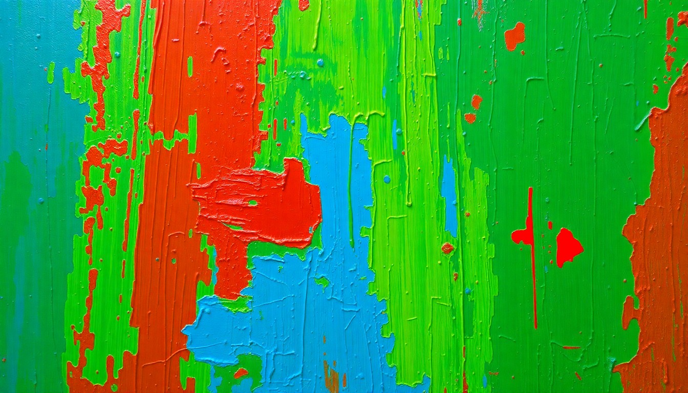 An extreme close-up photograph of a vibrant, textured painting surface in shades of green, blue, and red, conceptually representing the bold, multicultural artistic style of the Cuban artist Wifredo Lam.