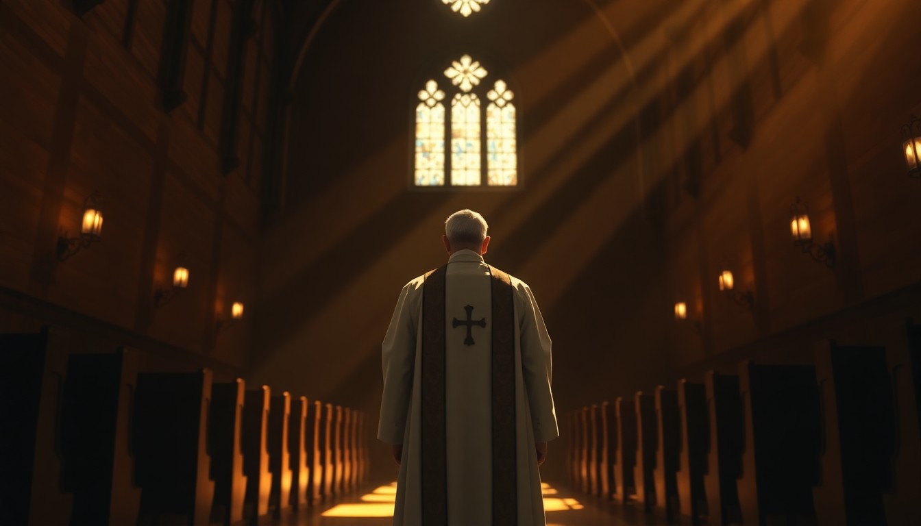 A solitary Catholic priest in ceremonial robes stands alone in a dimly lit church sanctuary, the space bathed in warm, diagonal sunlight and deep shadows, conveying a sense of quiet moral authority and spiritual reflection.