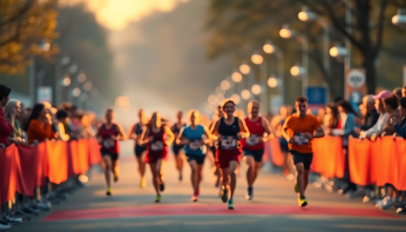 An abstract, out-of-focus scene of runners crossing a finish line, with blurred spectators and volunteers in the background, conveying a sense of community and athletic energy through warm, golden-hued lighting and gentle bokeh effects.