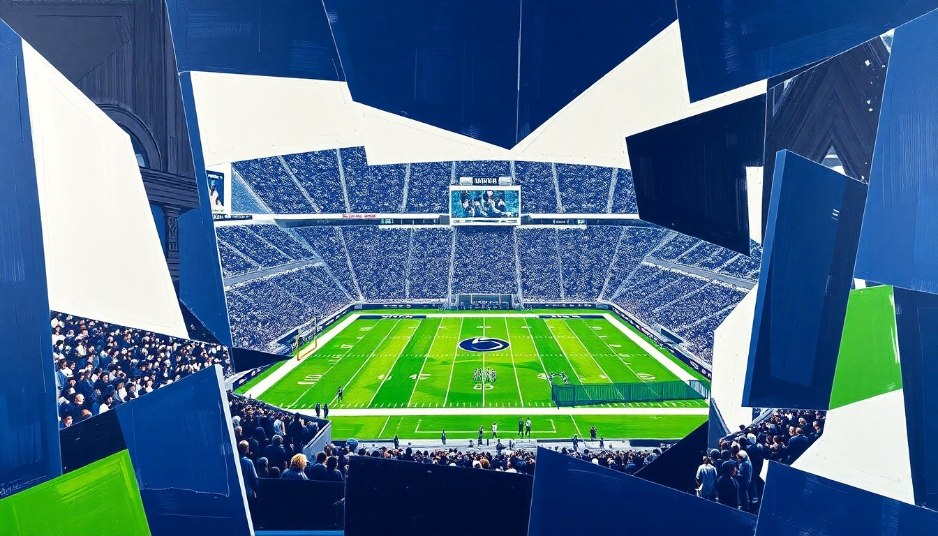 A cubist, geometric painting depicting a fragmented, multi-angled view of a Penn State football game, with sharp planes of navy blue, white, and bright green representing the players, field, and stadium.