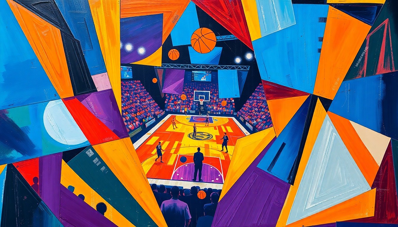 A cubist, geometric painting depicting fragmented basketball players and court elements in a vibrant color palette, conceptually representing the multifaceted perspectives and rivalries within the NBA.