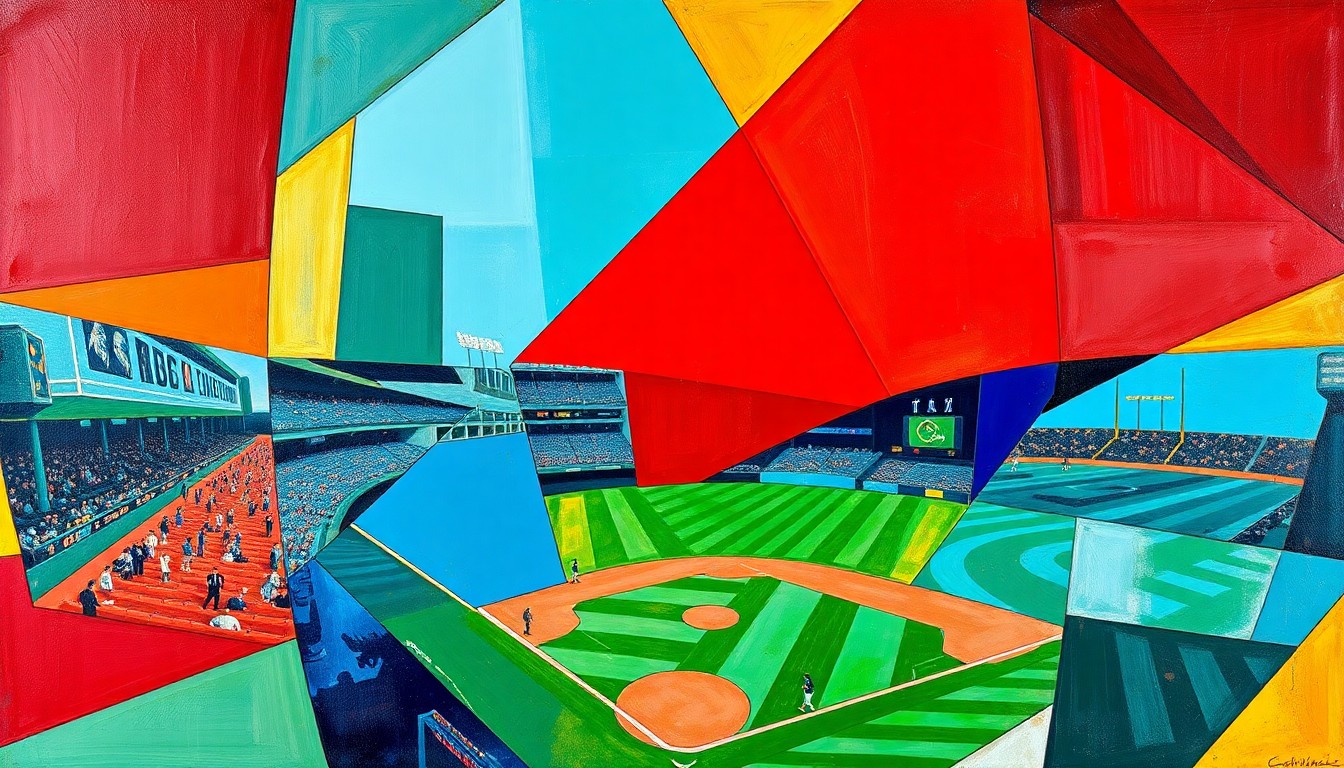 A fractured, geometric painting in bold colors depicting a baseball game in motion, with players and the field broken down into sharp, overlapping planes.