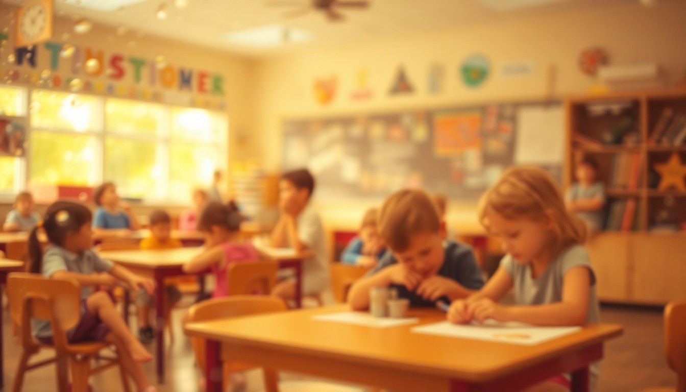 An abstract, impressionistic scene of blurred colors and shapes representing young children exploring a classroom environment, conveying the excitement and anticipation of starting kindergarten.
