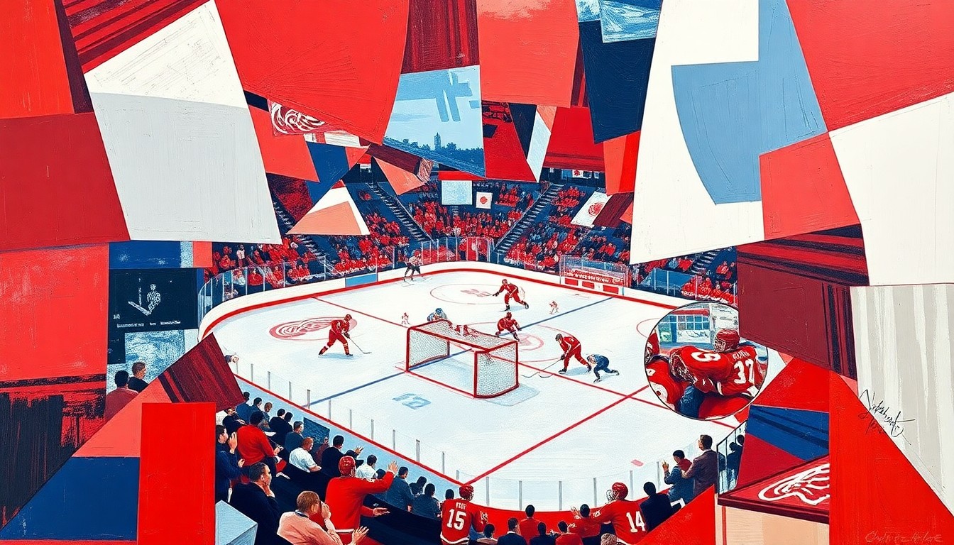 A cubist, geometric painting depicting a Red Wings hockey game, with the players and ice rink broken down into sharp, overlapping planes of red, white, and blue, conveying the frustration and disappointment of the team's prolonged playoff drought.