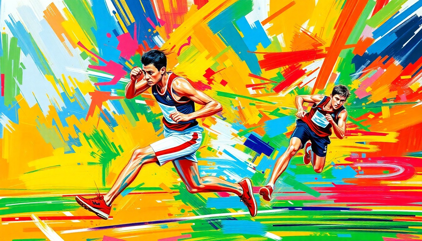 An abstract painting featuring bold, expressive brushstrokes in neon colors, capturing the dynamic movement and competitive spirit of Special Olympics athletes.