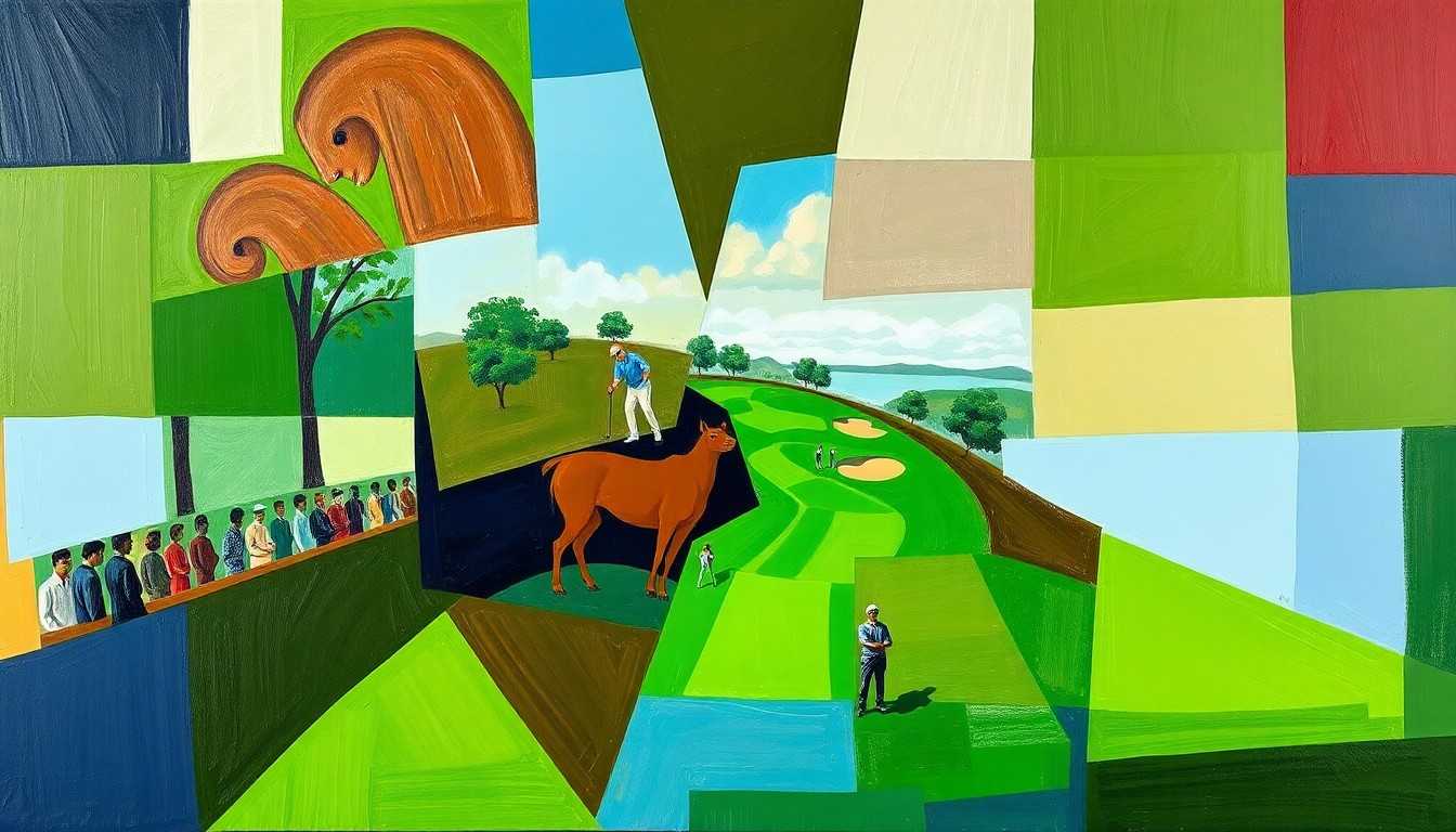 A fragmented, geometric painting in shades of green, brown, and blue, capturing the dynamic energy and unexpected scoring of the 2026 Masters tournament at Augusta National Golf Club.