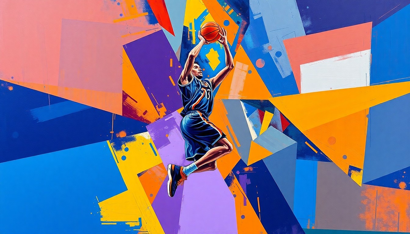 A fragmented, geometric painting depicting the fluid motion of a basketball player's jump shot or dribble, with sharp planes of color and overlapping perspectives creating a dynamic, abstract composition.