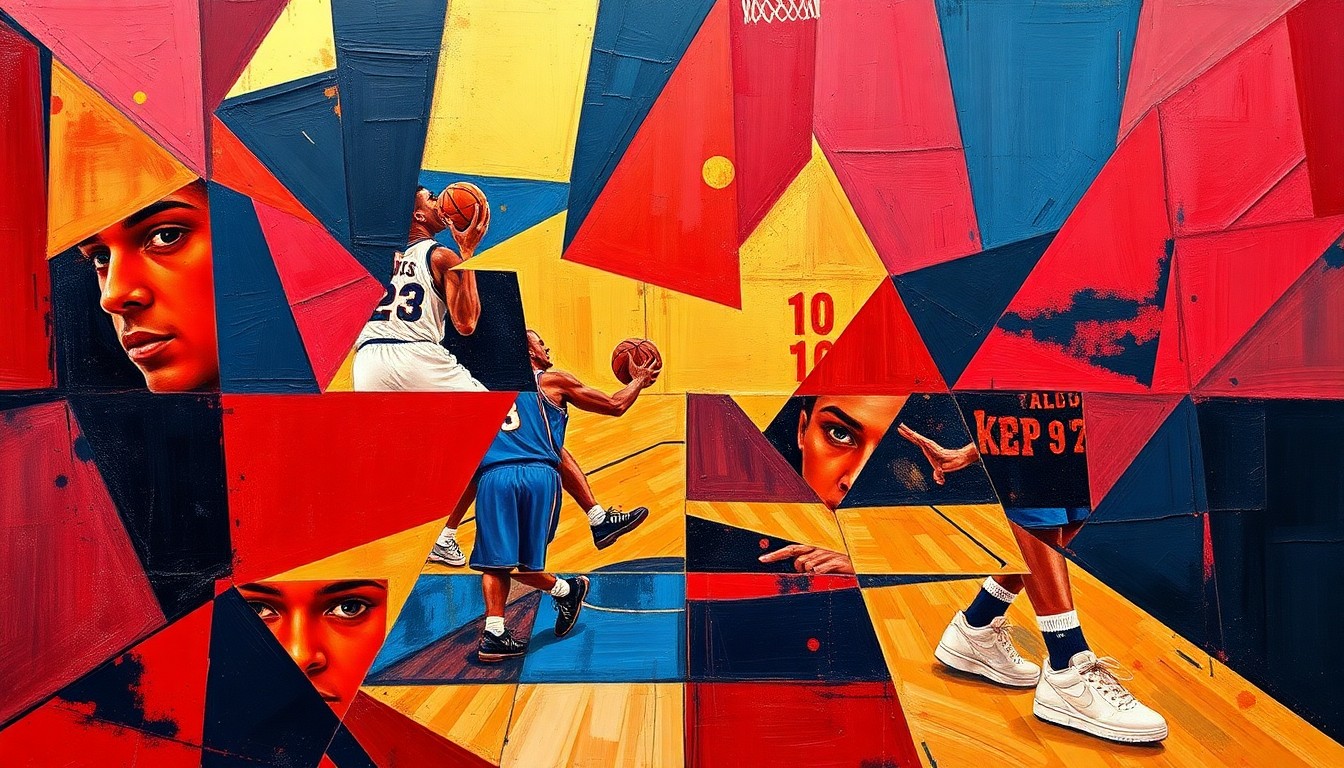 A fragmented, cubist-style painting depicting a basketball game or match, with sharp geometric shapes in deep red, navy blue, and gold overlapping to create a dynamic, deconstructed visual representation of the sport.