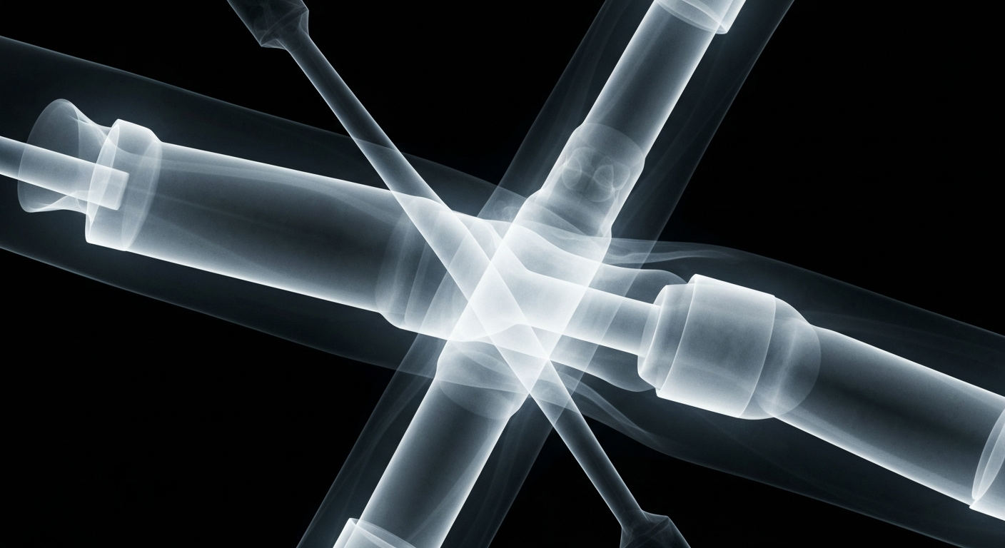 An extreme close-up of the internal structures of vaccine technology, revealed through translucent X-ray photography, conceptually illustrating the scientific advancements that have protected public health.