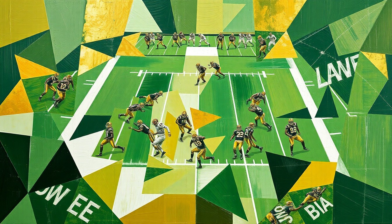 A fragmented, cubist-style painting depicting the chaotic action of a college football scrimmage, with players and the field rendered in overlapping planes of green, gold, and white.