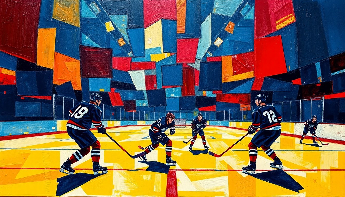 A cubist, geometric painting depicting a hockey game, with players and the rink fragmented into overlapping planes of navy, red, and yellow, conveying the energy and community of the inclusive York Polar Bears tournament.