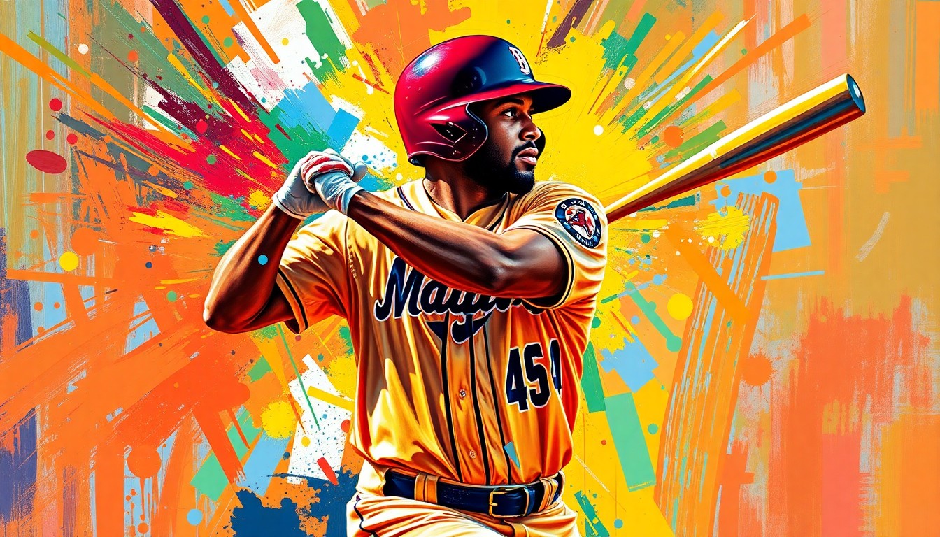 An abstract expressionist painting in vibrant neon colors, with rapid brushstrokes capturing the powerful motion of a baseball player swinging the bat, their face and uniform details obscured in a blur of energy and movement.