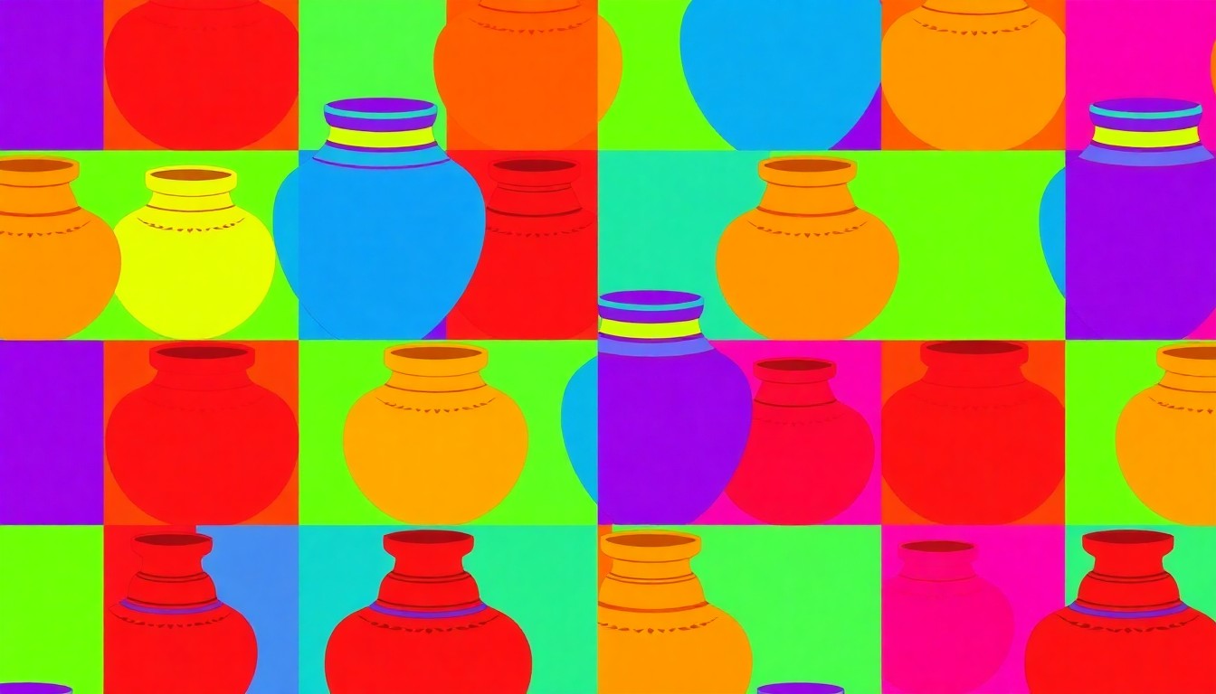 A highly stylized, abstract illustration featuring a traditional Choctaw pottery vessel repeated in a grid pattern, rendered in a bold, vibrant color palette and high-contrast silkscreen style to capture the celebratory energy of a community festival.