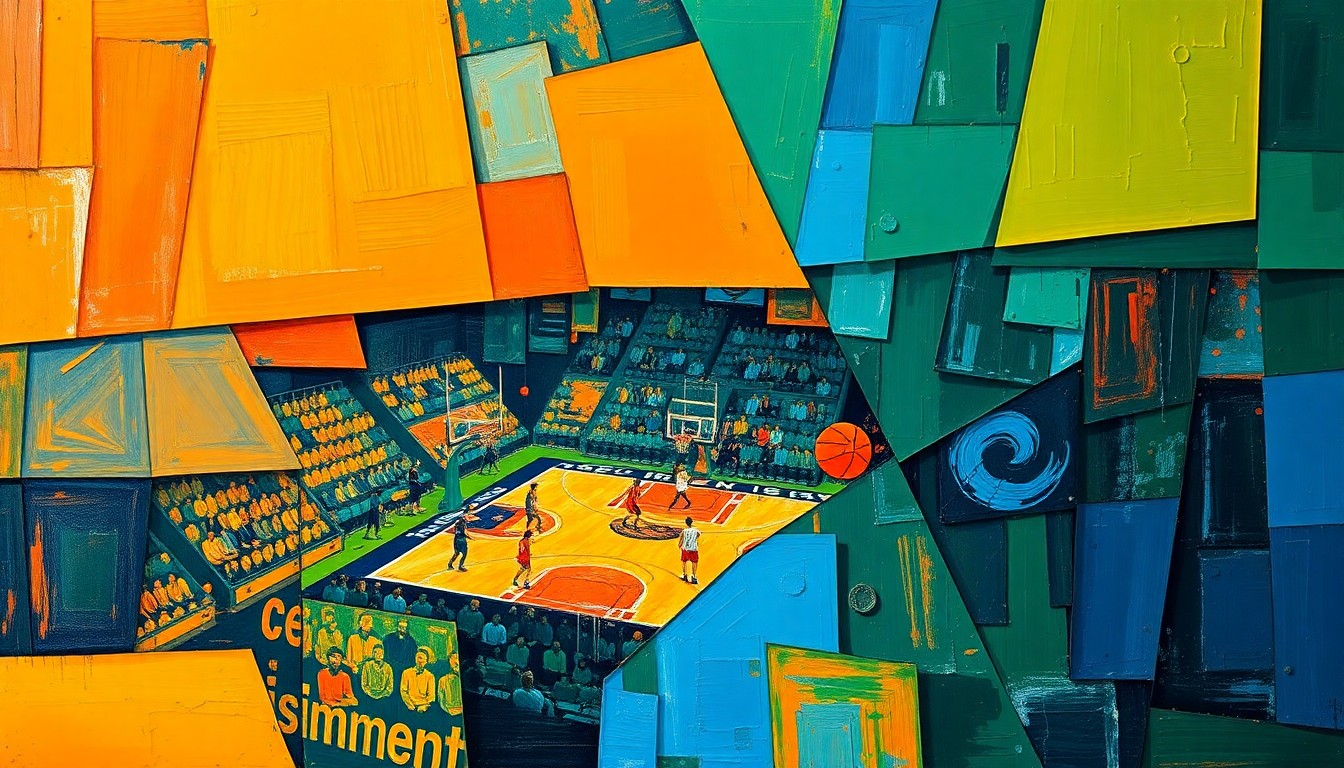 A fragmented, geometric painting depicting the motion and intensity of a basketball game, with sharp planes of color and overlapping shapes representing the sport's fast-paced action.
