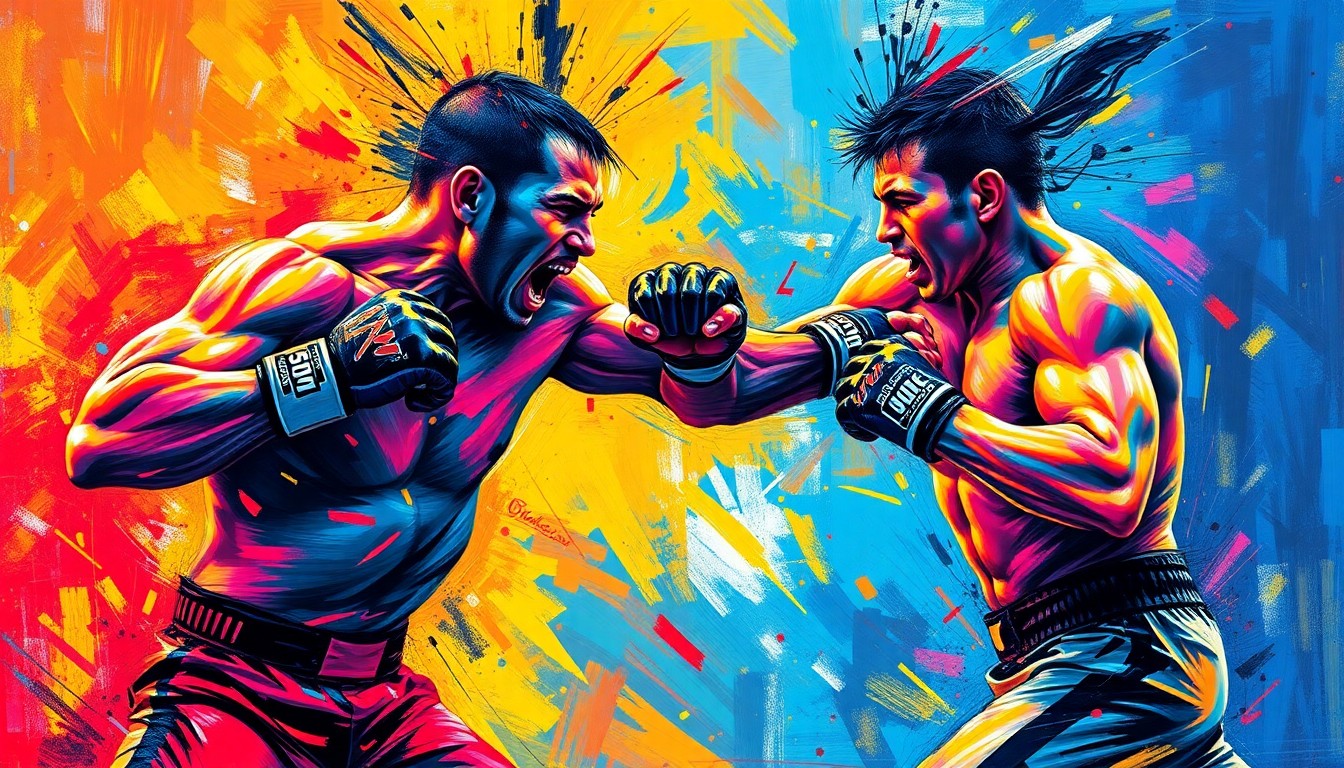 An abstract, expressionist painting in vibrant neon colors, depicting the dynamic movements and raw energy of two MMA fighters engaged in an intense battle.