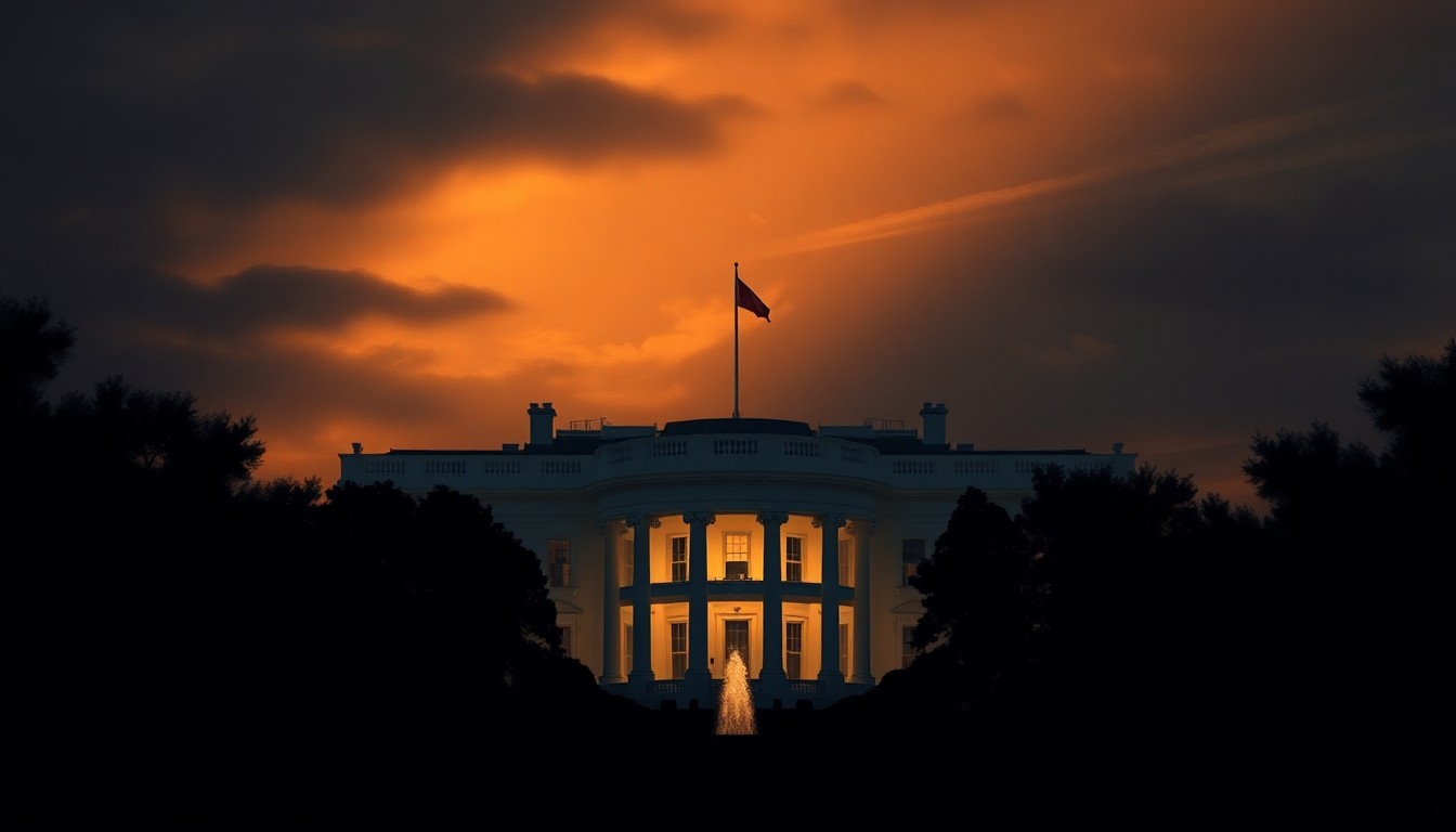 A serene, cinematic painting of the White House in warm, golden light, with deep shadows casting a pensive mood, conceptually representing the political tensions surrounding the building's expansion.