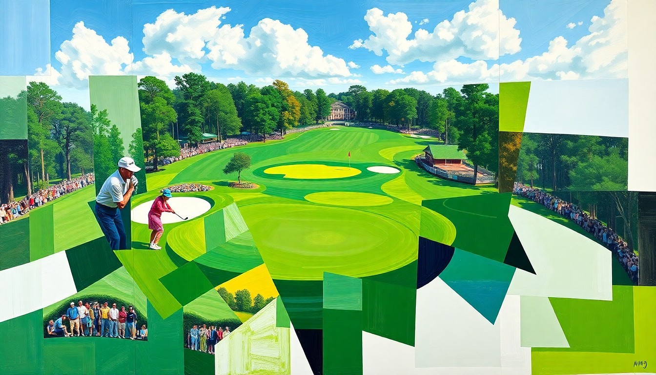 A cubist, geometric painting depicting a dramatic golf shot or match at the Masters Tournament, with the lush greens and white sand bunkers of Augusta National rendered in sharp, overlapping planes of color.