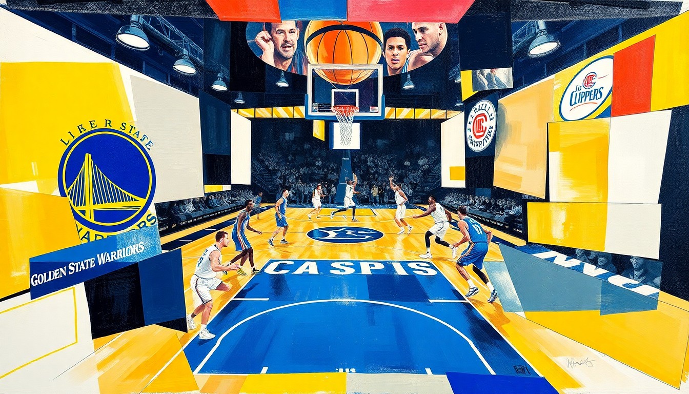 A fragmented, cubist-style painting depicting the dynamic movements and energy of a basketball game, with the players and court rendered in sharp, overlapping geometric shapes and planes.