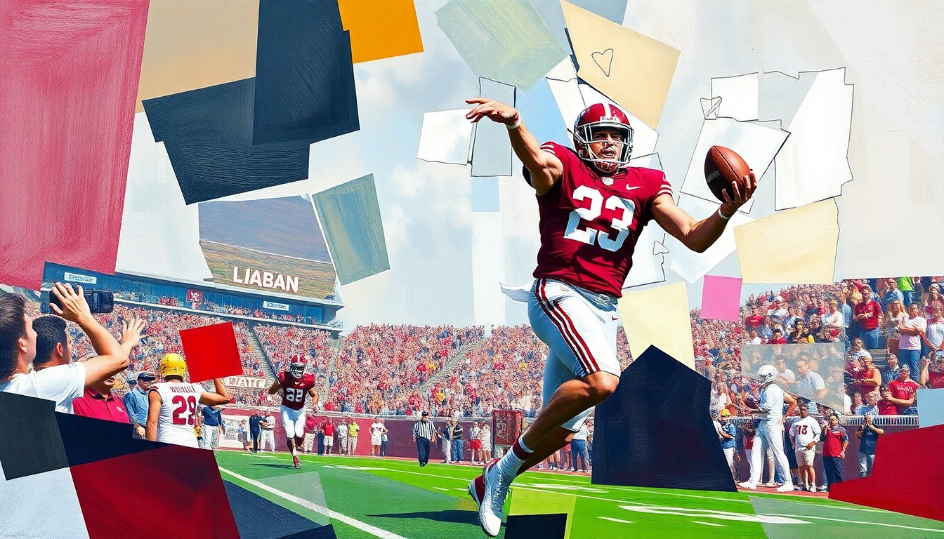 A fragmented, geometric painting depicting an Alabama football player making a catch, the player's form broken down into sharp, overlapping planes of color and shape to convey the disruption caused by the injury.