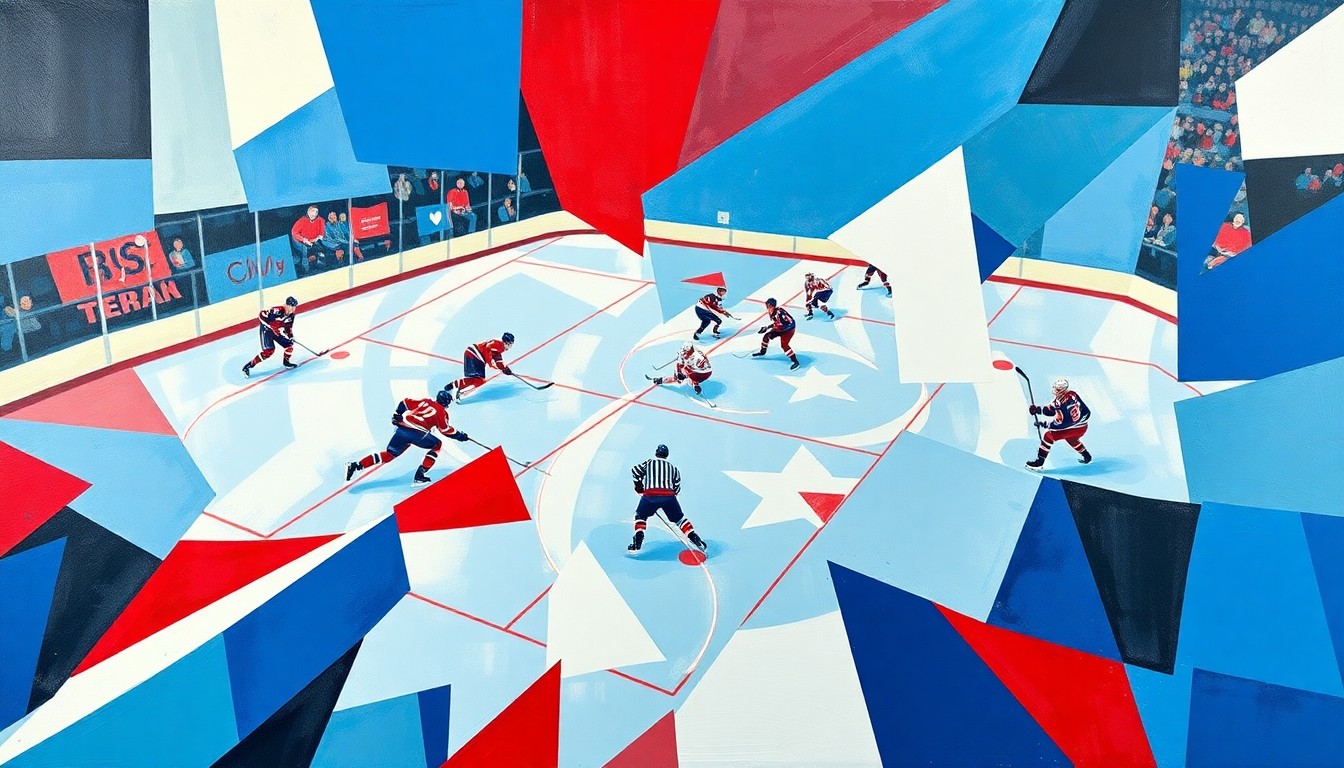 A fragmented, geometric painting in bold blues, reds, and whites captures the dynamic energy and action of a hockey game, with overlapping planes and shapes representing the players, puck, and arena.
