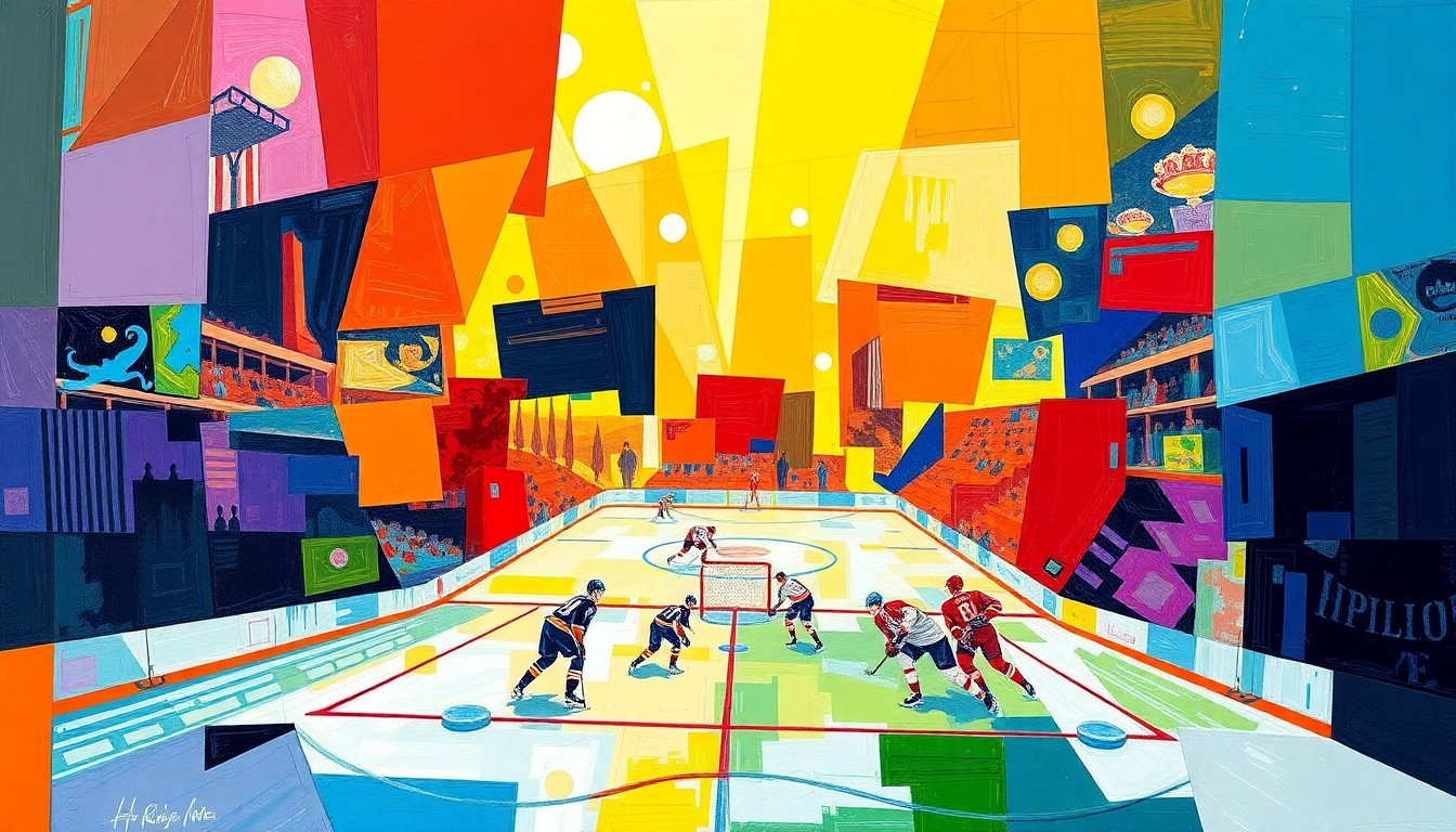 A cubist-style painting featuring sharp, overlapping geometric shapes in vibrant colors, representing the dynamic movements and competing forces of a college hockey championship game.