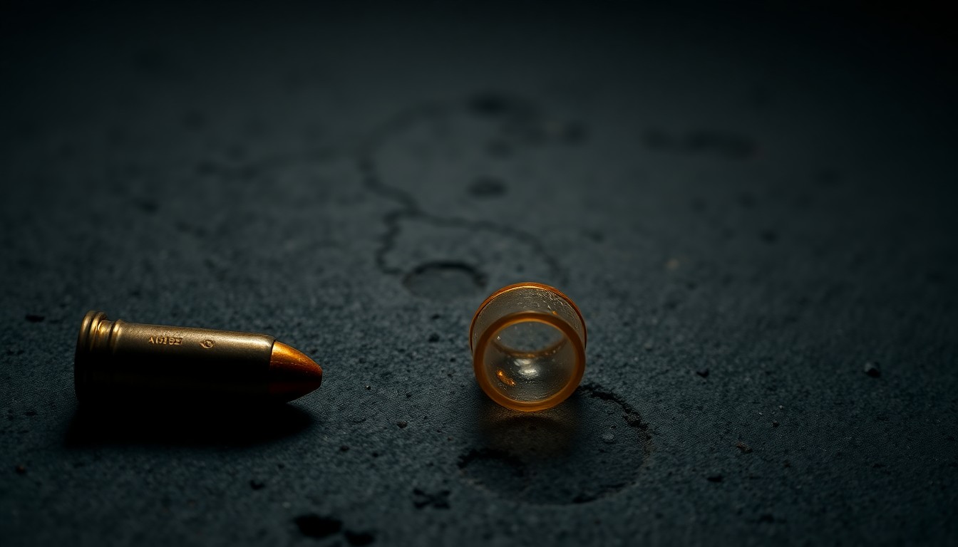 An extreme close-up photograph of a single spent shell casing on a dark concrete surface, conceptually illustrating the aftermath of a shooting incident.