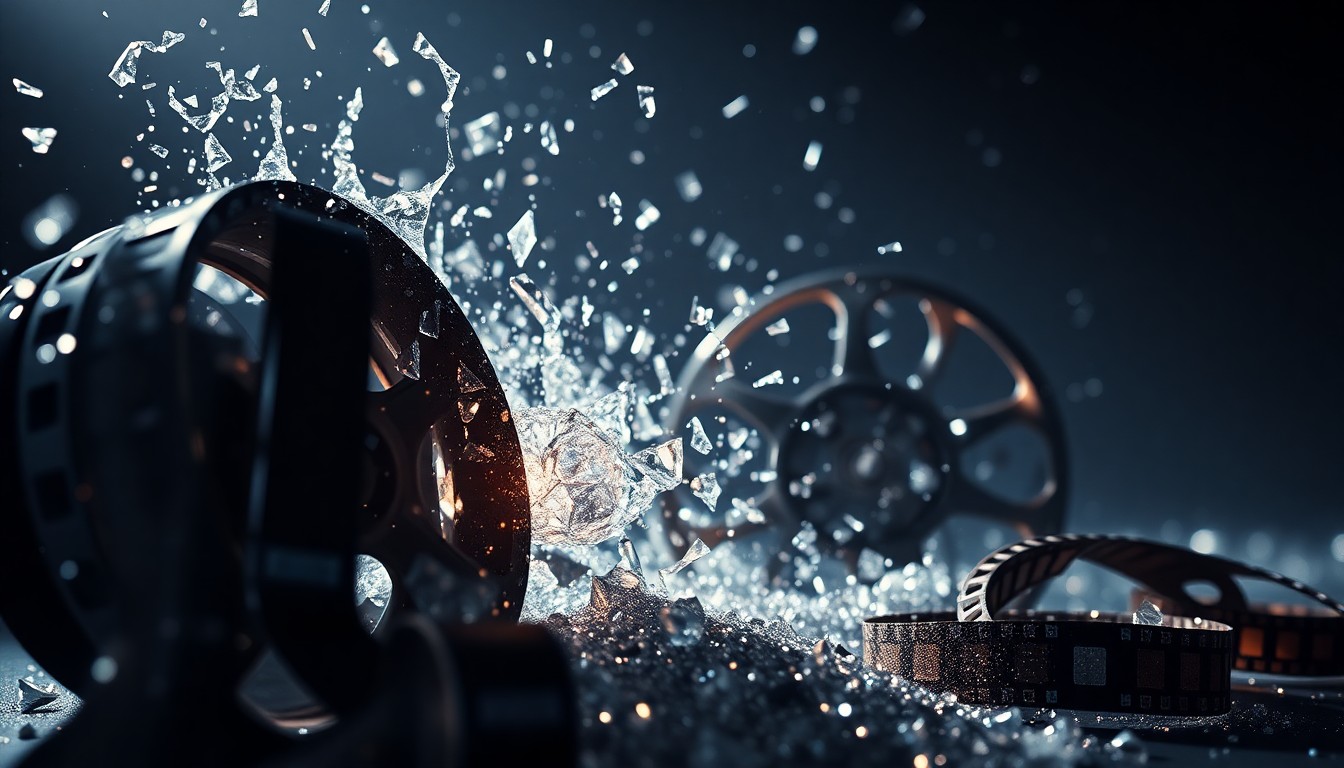 An extreme close-up of shattered glass and film reels in high-contrast studio lighting, conveying the disappointment and setback of a major film project's failure.