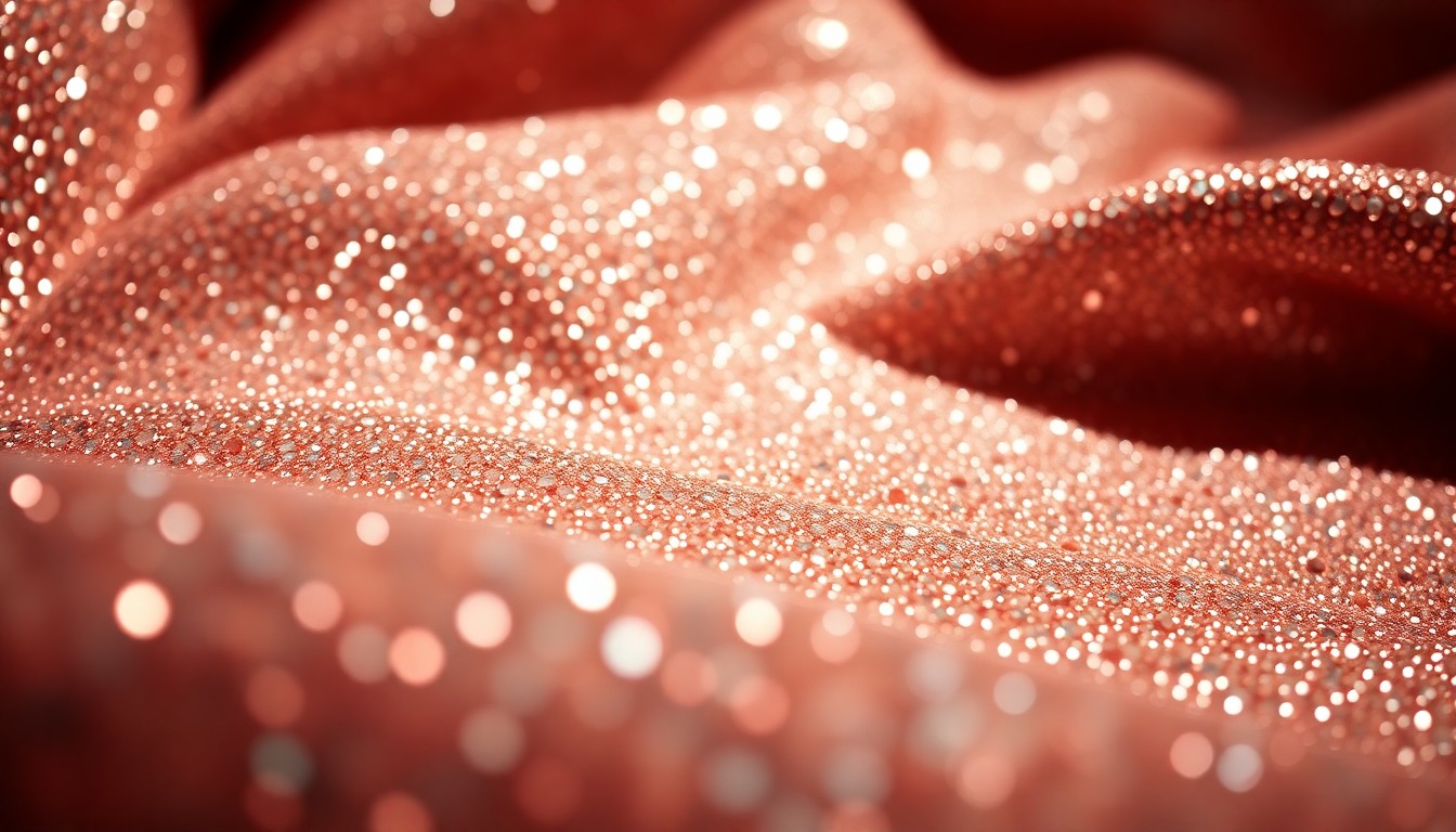 An extreme close-up of shimmering, glittering sequins and velvet textures, captured in dramatic, high-contrast studio lighting, conceptually representing the glamour and luxury associated with celebrity skincare routines.