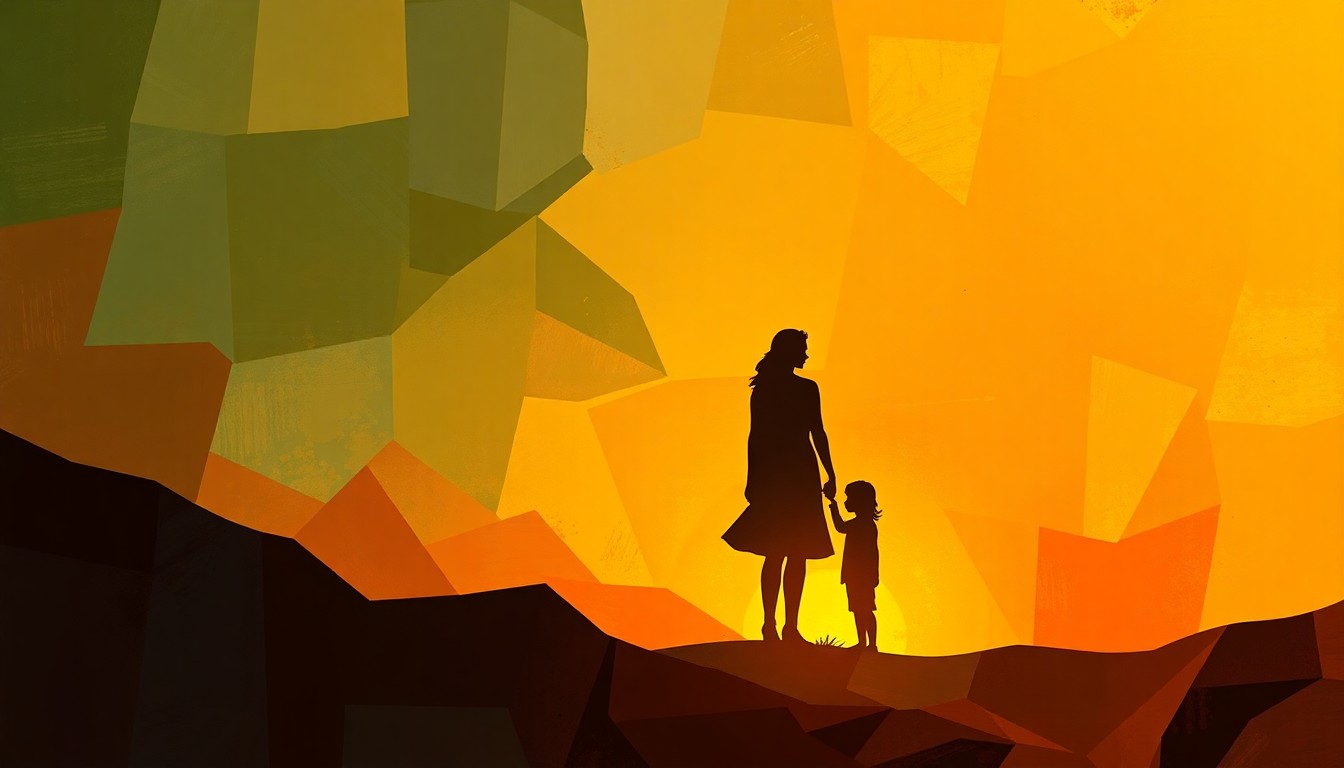 A dynamic, abstract painting in overlapping geometric shapes and waves of warm colors, representing the strained relationship between two silhouetted figures, symbolizing the political and personal divide between the Andhra Pradesh Chief Minister and his sister.