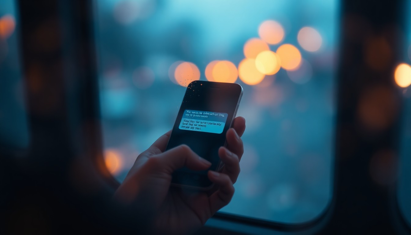 An extreme close-up of a smartphone screen displaying a text message, the words blurred and distorted by the condensation or rain-streaked glass, creating a dreamlike, abstracted visual that captures the emotional impact of the incident.