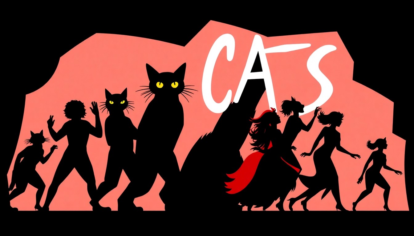 A striking abstract composition featuring bold, jagged geometric shapes in high-contrast colors, representing the diverse cast and innovative choreography of the CATS: The Jellicle Ball Broadway production.