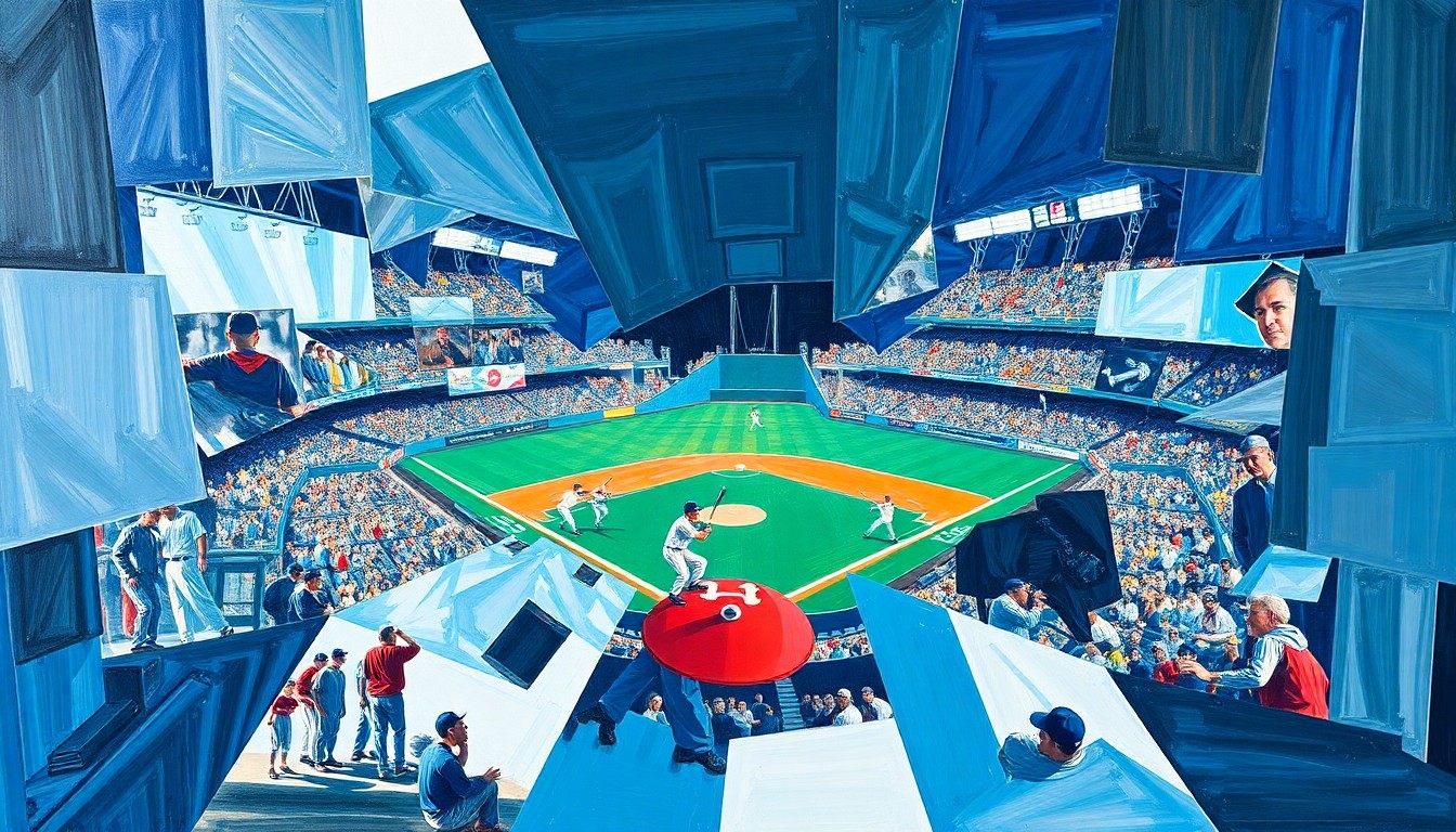 A cubist, geometric painting depicting a baseball game or match, with the players and field broken down into sharp, overlapping planes of color and shape, conveying the complex emotions and perspectives surrounding the 1986 Boston Red Sox's near-championship.