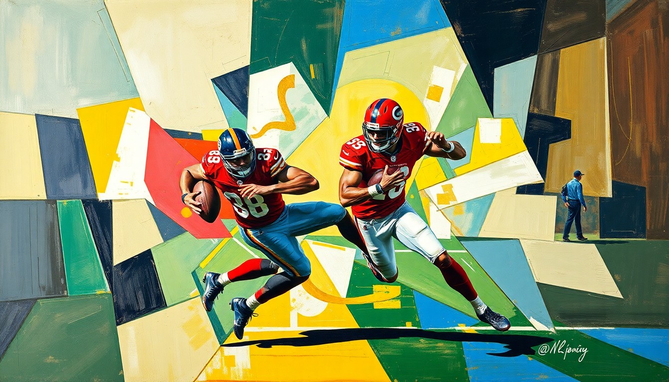 A cubist, geometric painting depicting a cornerback's defensive play, with overlapping planes of color and shape representing the fractured, multi-perspective nature of the game.