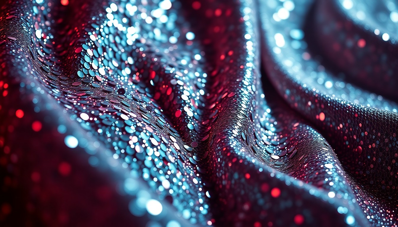 An abstract close-up photograph of shimmering, high-contrast textures in vibrant colors, conceptually representing the glamour and energy of the Guess Compound party at Coachella.