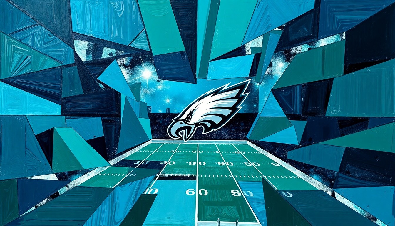 A fragmented, cubist-style painting depicting a Philadelphia Eagles football game, with sharp geometric shapes in dark blue, green, and metallic tones overlapping to create a dynamic, multi-perspective visual representation of the strategic nature of the NFL draft.