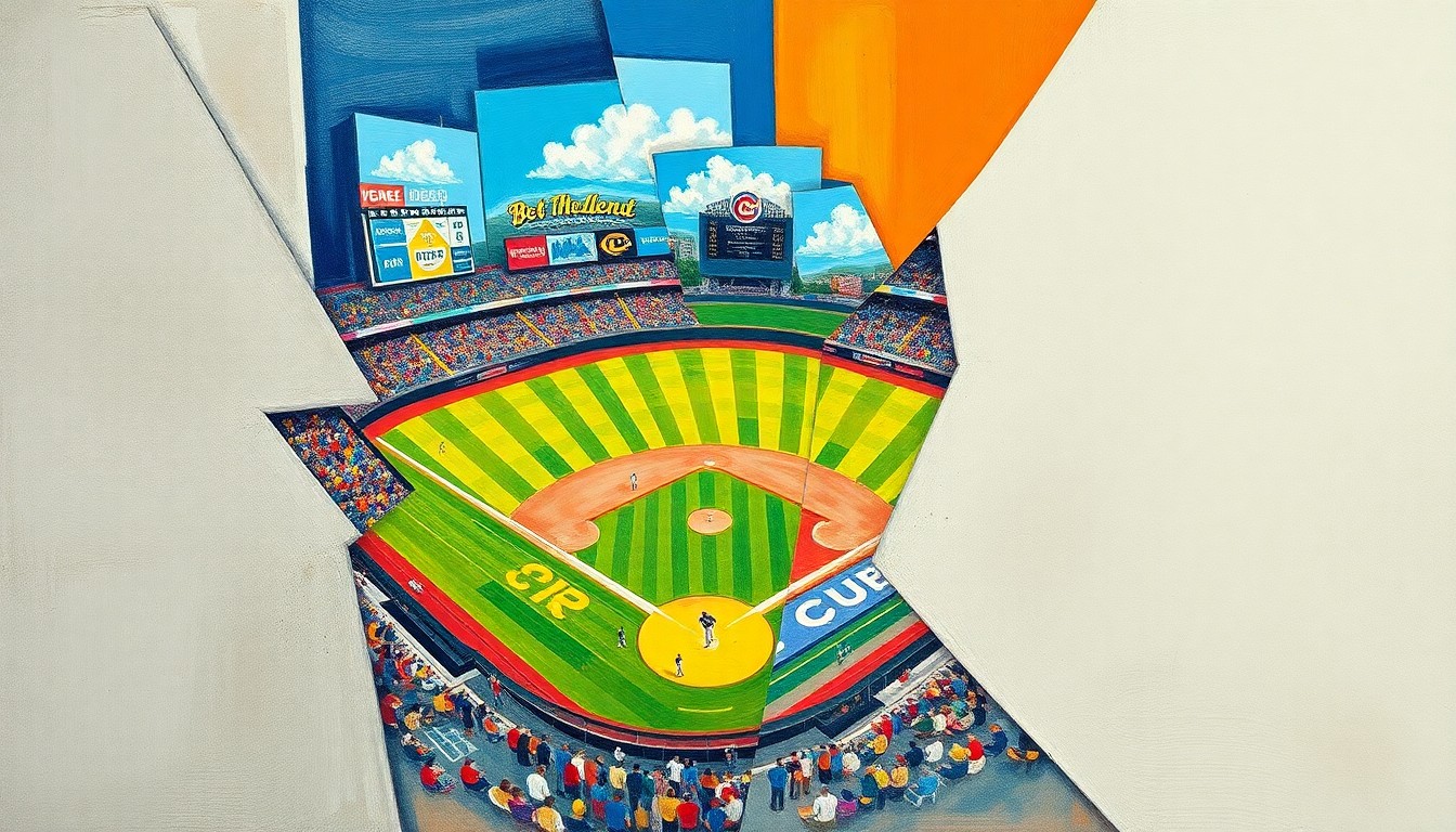 A fragmented, geometric painting depicting a baseball game in progress, with sharp, overlapping shapes and planes representing the dynamic action on the field.