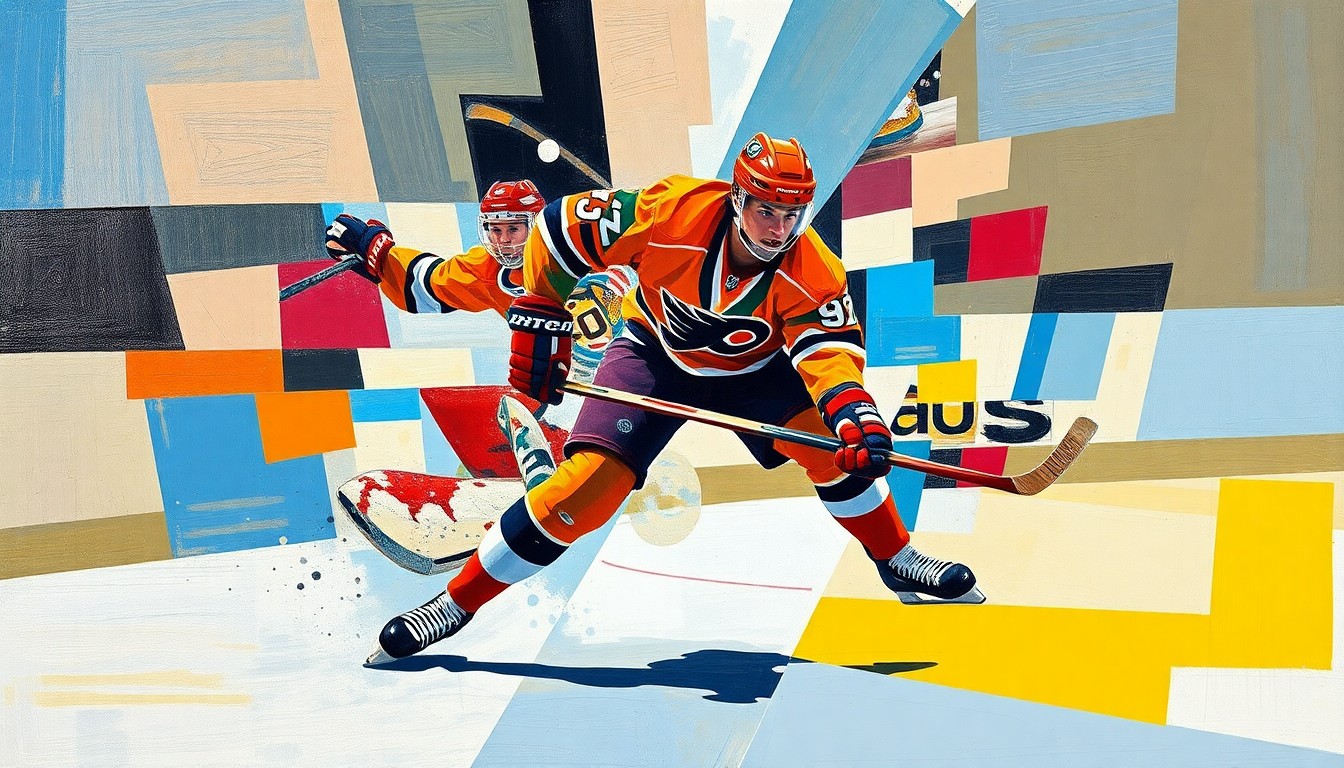 A cubist-style painting depicting a hockey player in motion, with their body and movements broken down into sharp, overlapping geometric shapes and planes, conveying a sense of dynamism and the multifaceted nature of the player's decision to stay in college.