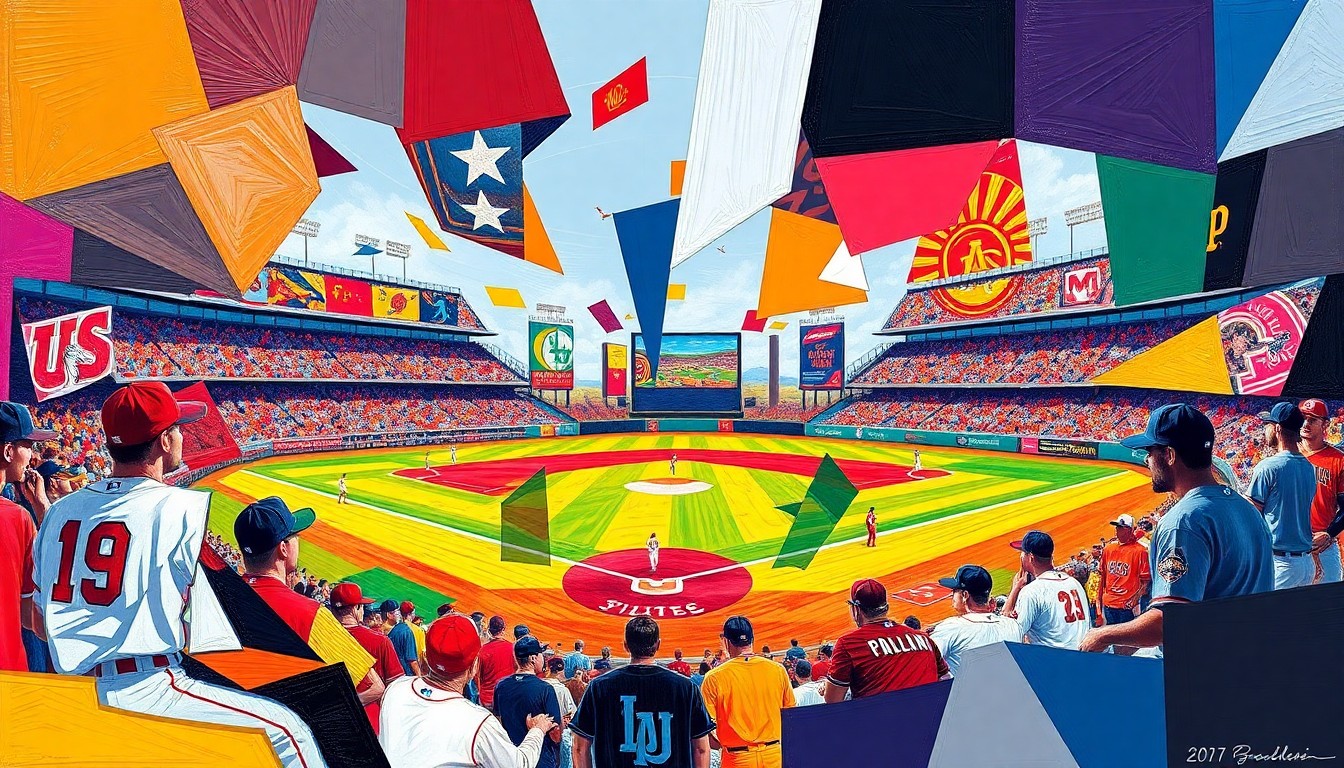 A fractured, geometric painting depicting the dynamic movements and energy of a college baseball game, with the uniforms of the Utah and Arizona State teams blending together in a vibrant, abstract composition.