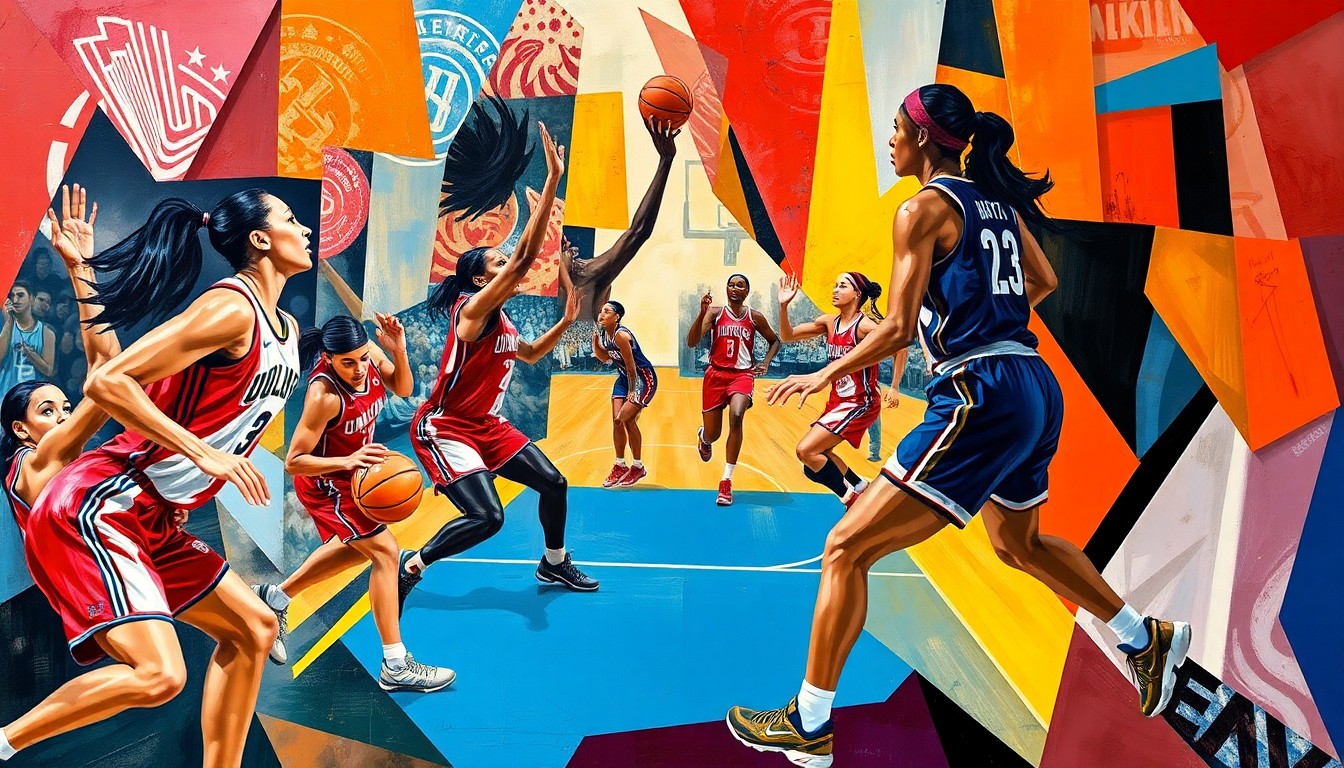 A cubist, geometric painting depicting a WNBA basketball game, with the players' forms broken down into abstract shapes and planes of color, capturing the dynamic energy of the sport.