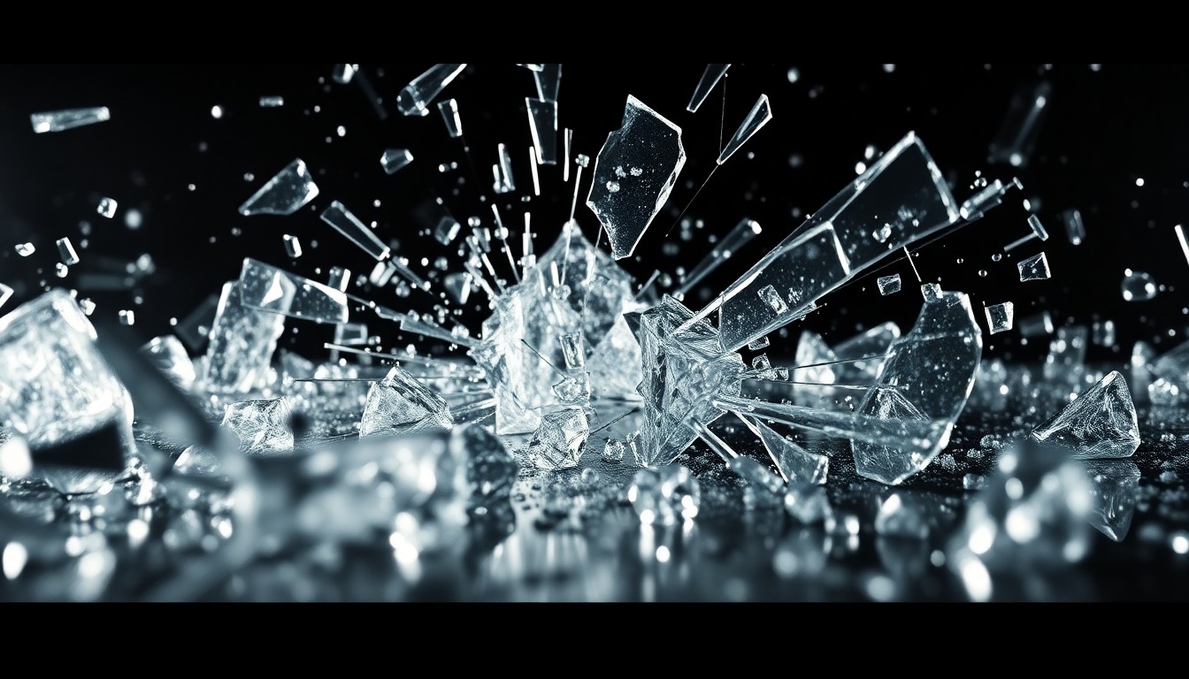 An extreme close-up of shattered glass and reflective metal surfaces, creating a high-contrast, high-fashion aesthetic that conceptually represents the intense action and mystery of Jason Statham's new movie 'Mutiny'.