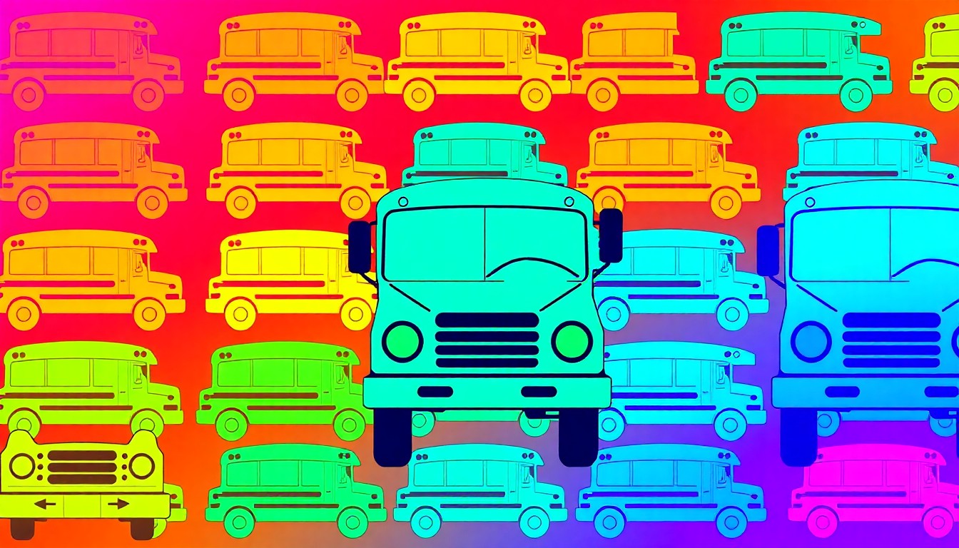 A brightly colored, high-contrast silkscreen print of a school bus icon repeated in a tight grid pattern, capturing the disruptive nature of the Fairfax County school calendar through a pop art visual metaphor.