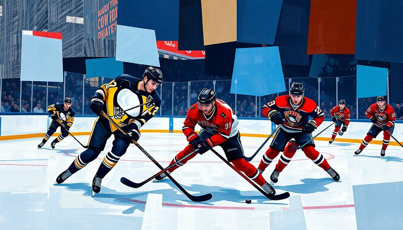 A fractured, multi-perspective painting in a cubist style, depicting a hockey game between the Pittsburgh Penguins and Florida Panthers. The players' movements and the energy of the game are captured through the overlapping geometric planes, with the Penguins' blue and gold colors and the Panthers' red and blue colors prominently featured.