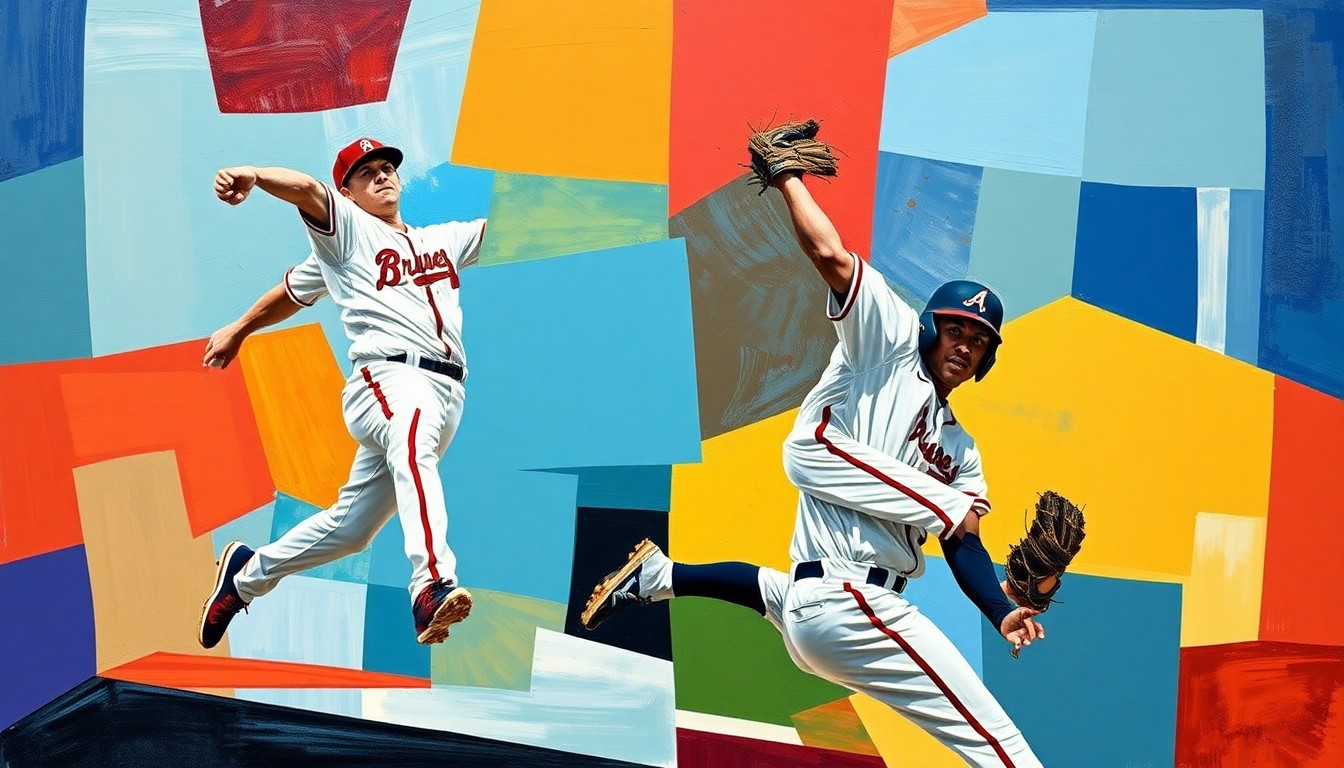 A cubist-style painting depicting a baseball pitcher's throwing motion and a center fielder's catch, broken down into sharp, overlapping geometric shapes and planes in vibrant colors representing the Braves' uniform.