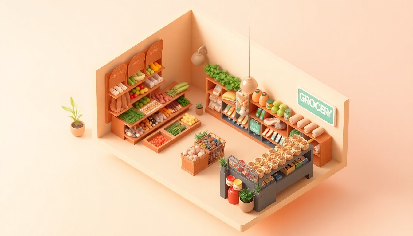 A stylized 3D illustration of the interior of a modern, community-focused grocery store, with shelves stocked with fresh produce, meats, and other healthy food items, conveying a sense of warmth, accessibility, and vibrant community spirit.