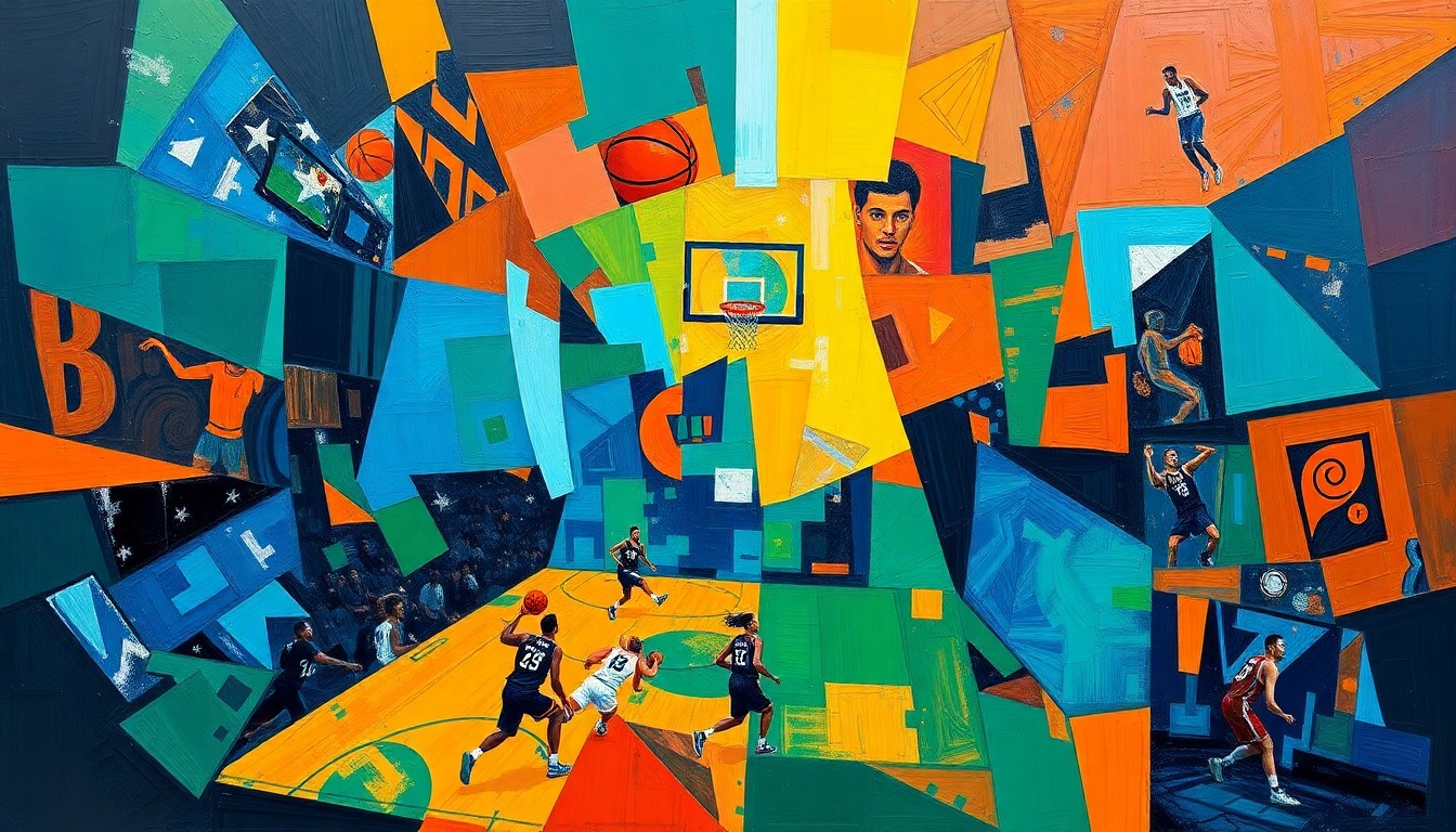 A dynamic, cubist-inspired painting depicting the energy and movement of a basketball game, with sharp geometric shapes and vibrant colors capturing the intensity of the matchup between the Spurs and Nuggets.